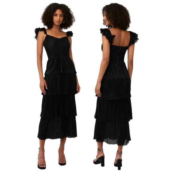 SAYLOR Elegant Tier Ruffle Dress Long Midi Textured Sleeveless Black XS S 2 4 - Picture 8 of 8